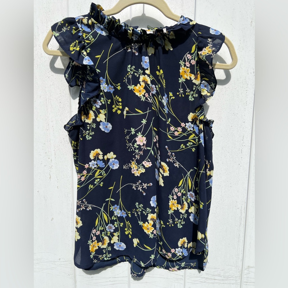 LOFT Sleeveless Navy Blue Floral Blouse Petite Large Mock Neck Cap Sleeve